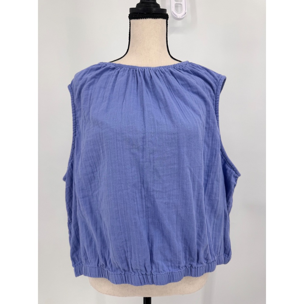 Pact Sleeveless Blouse Women XXXL Blue Organic Cotton Gauze Elastic Hem Top
